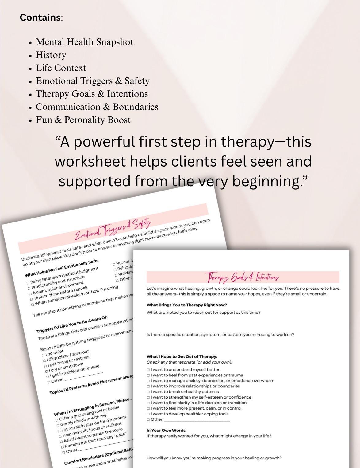 Therapy Client Intake Worksheet: Mental Health, Goals & Triggers (PDF Download)