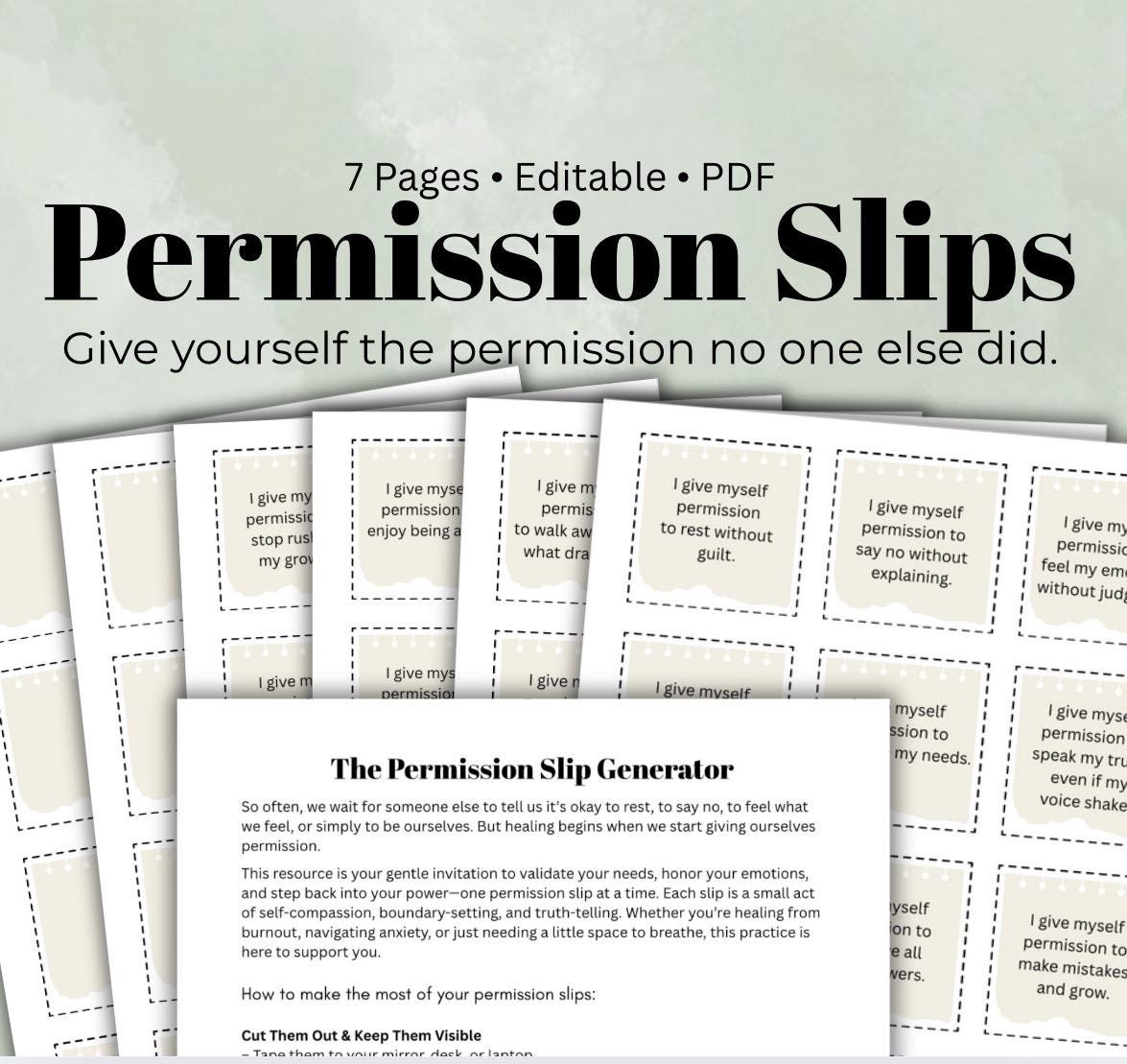 Permission Slip Generator Printable  Mental Health Affirmations Self-Care Worksheet Therapy Tool Emotional Healing