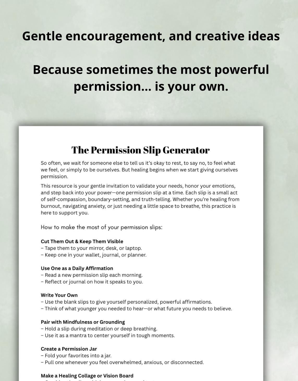 Permission Slip Generator Printable  Mental Health Affirmations Self-Care Worksheet Therapy Tool Emotional Healing