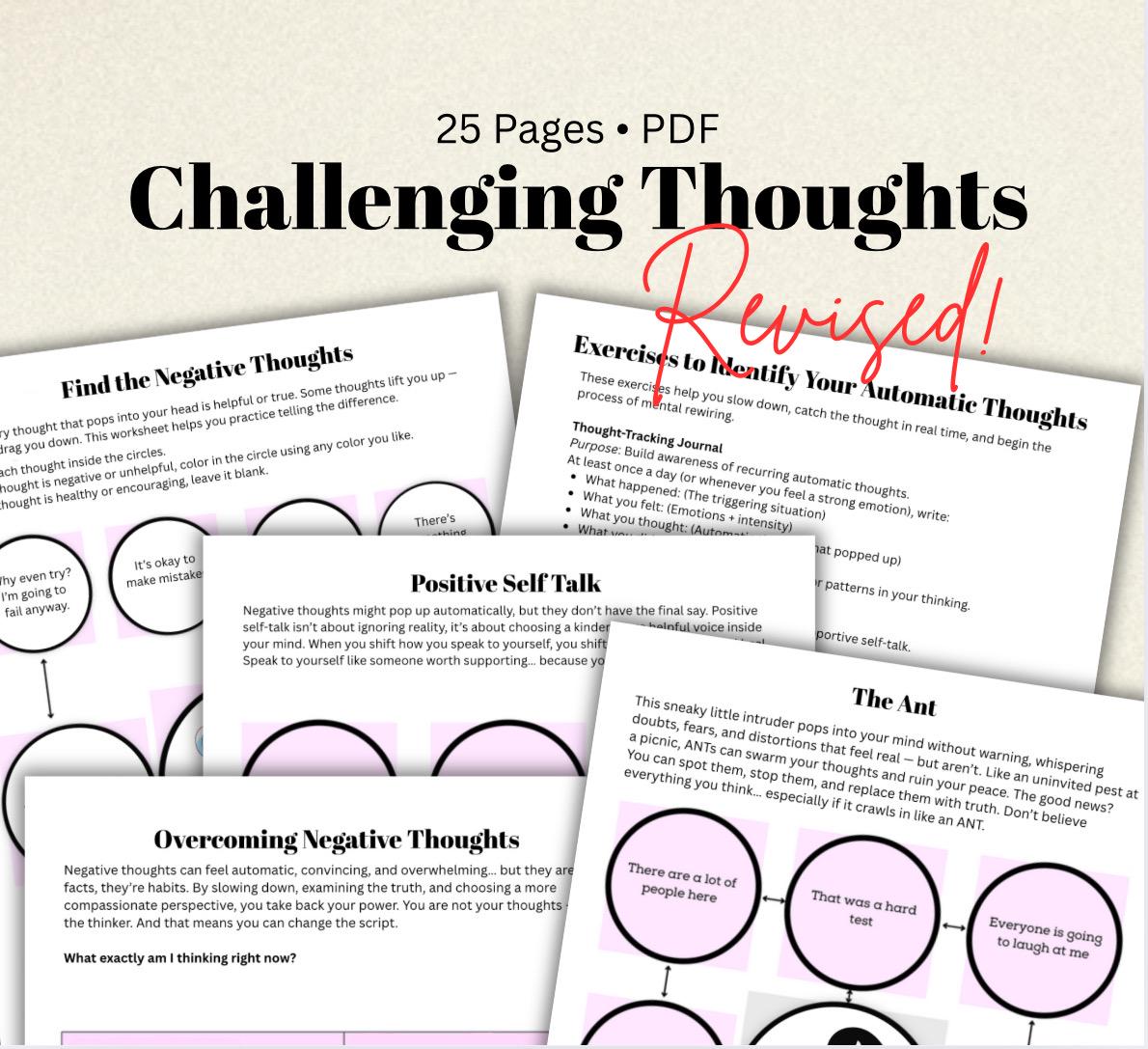 CBT Worksheets for Challenging Thoughts | Self-Care, Self-Awareness (PDF)