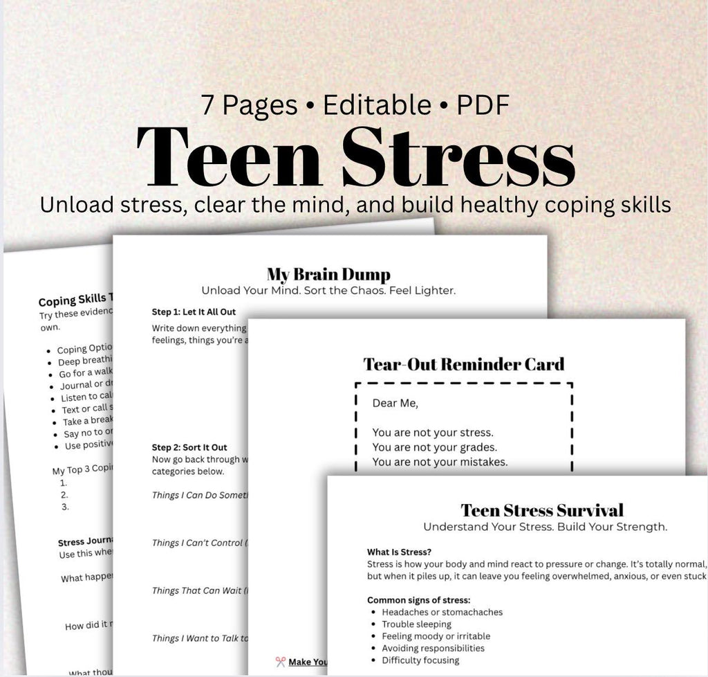 Teen Stress & Brain Dump Worksheets: Mental Health Workbook (PDF Printable