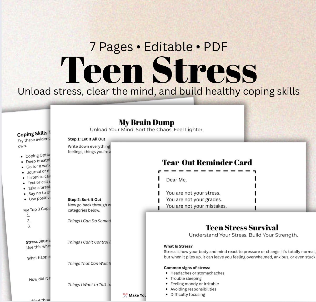 Teen Stress & Brain Dump Worksheets: Mental Health Workbook (PDF Printable