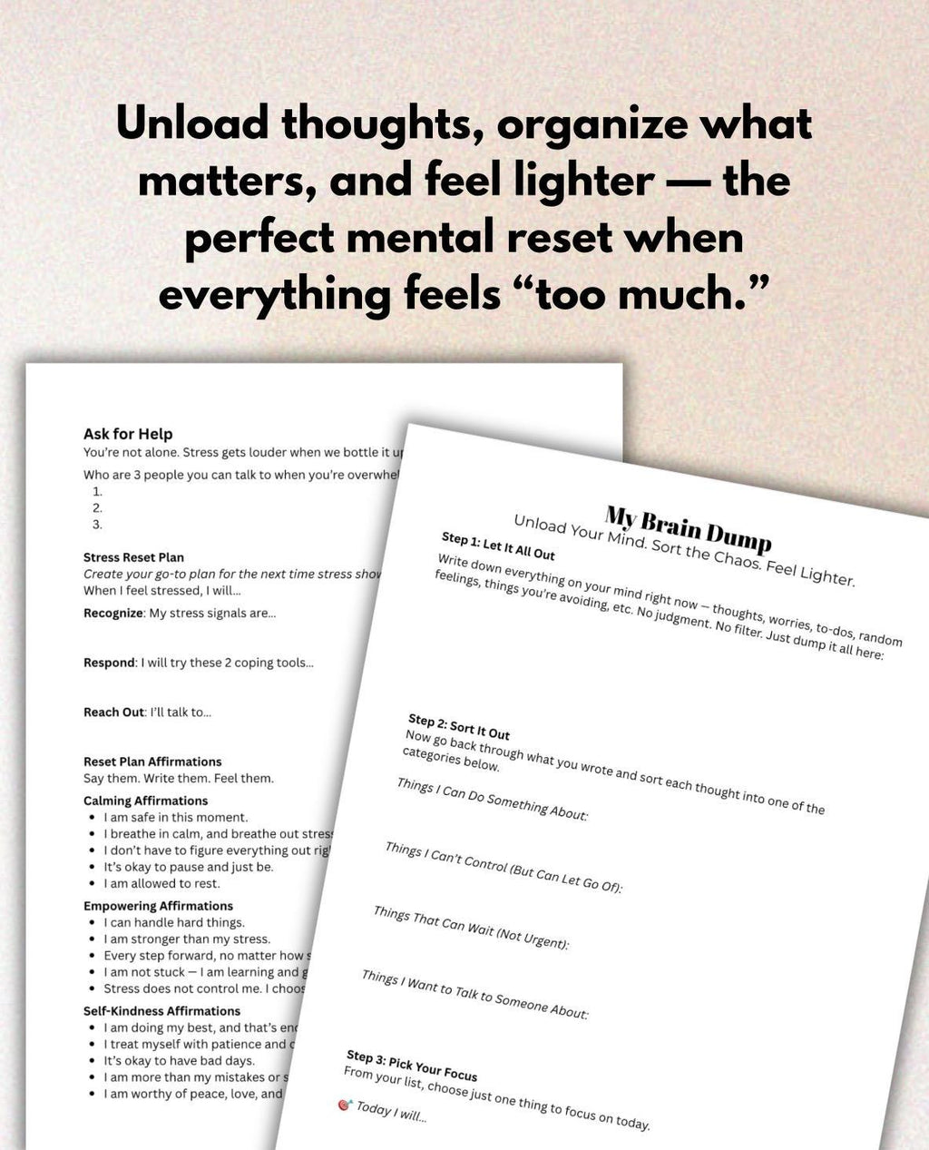 Teen Stress & Brain Dump Worksheets: Mental Health Workbook (PDF Printable