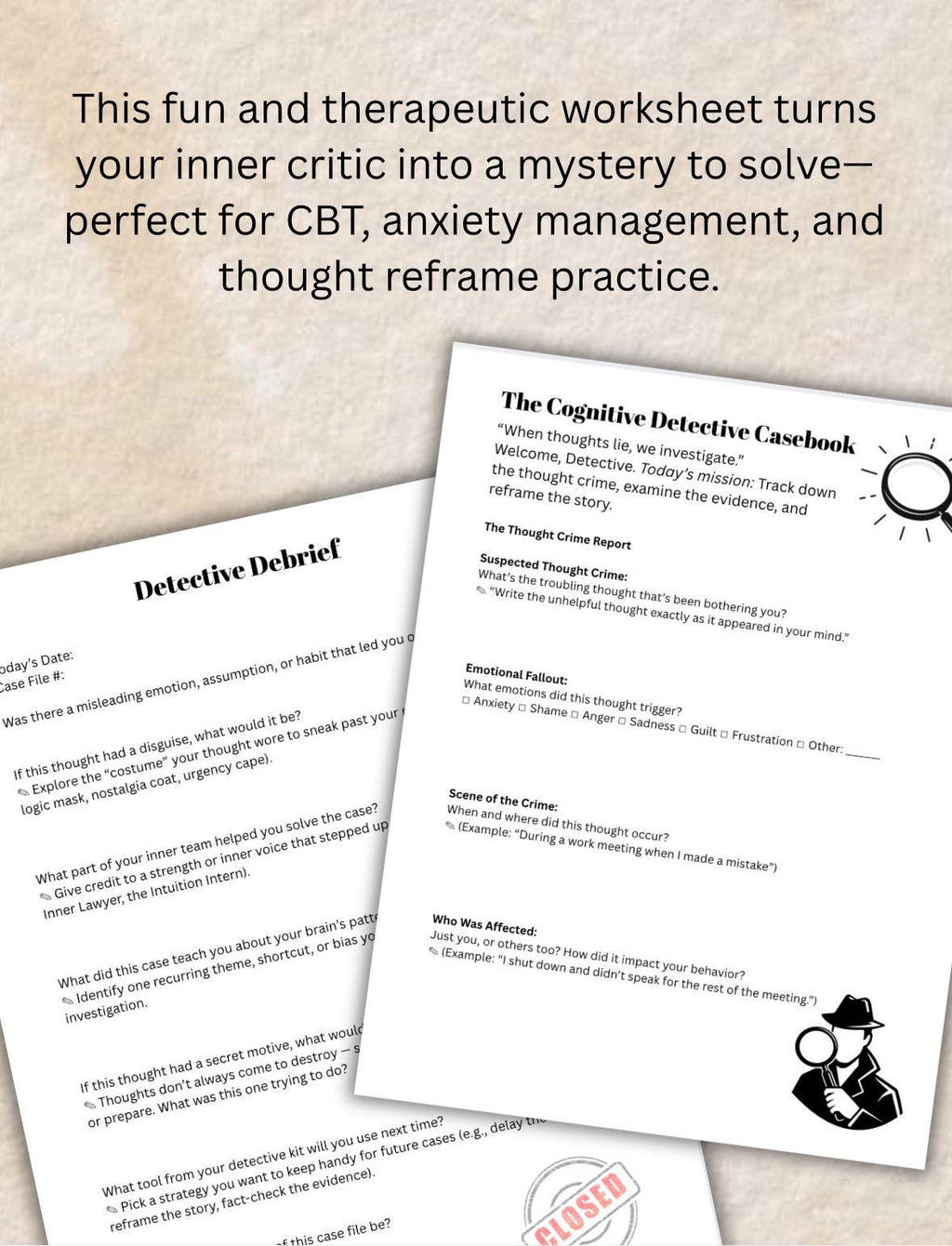 CBT Worksheet PDF Cognitive Detective Activity to Identify Negative Thoughts & Reframe Thinking Printable