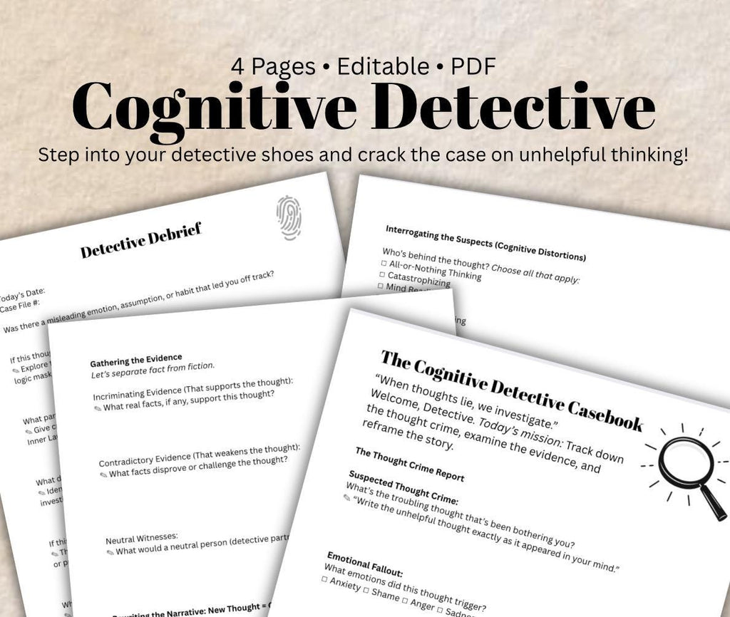 CBT Worksheet PDF Cognitive Detective Activity to Identify Negative Thoughts & Reframe Thinking Printable