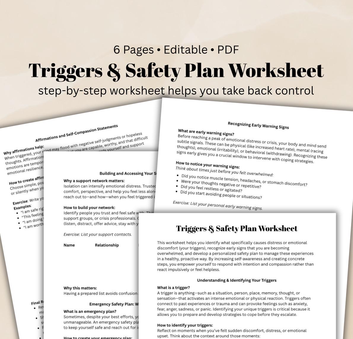 Mental Health Safety Plan Worksheet Trigger Tracker Coping Skills Therapist Resource
