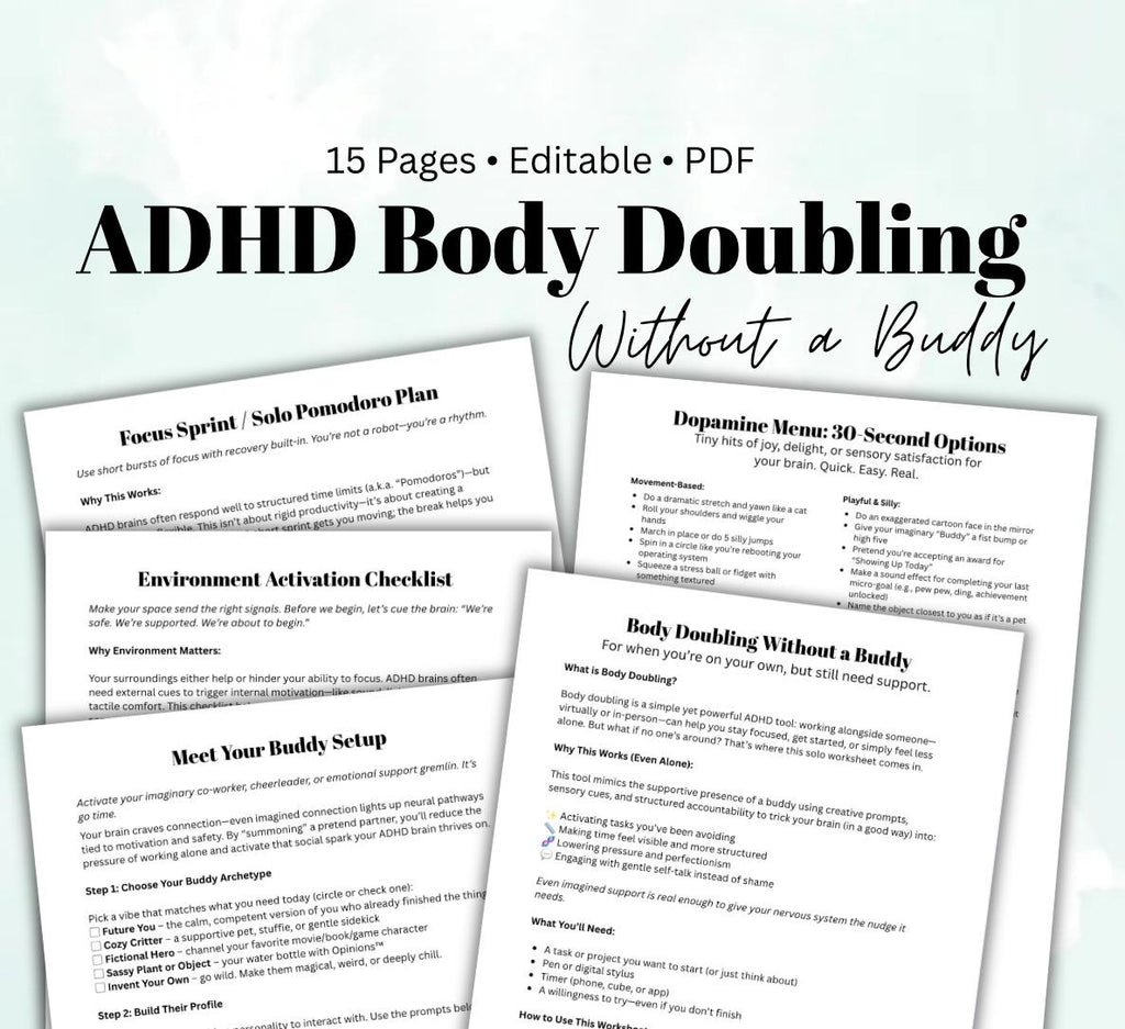 ADHD Focus Worksheet Printable Body Doubling Executive Dysfunction Behavior Habits Support Task Planner