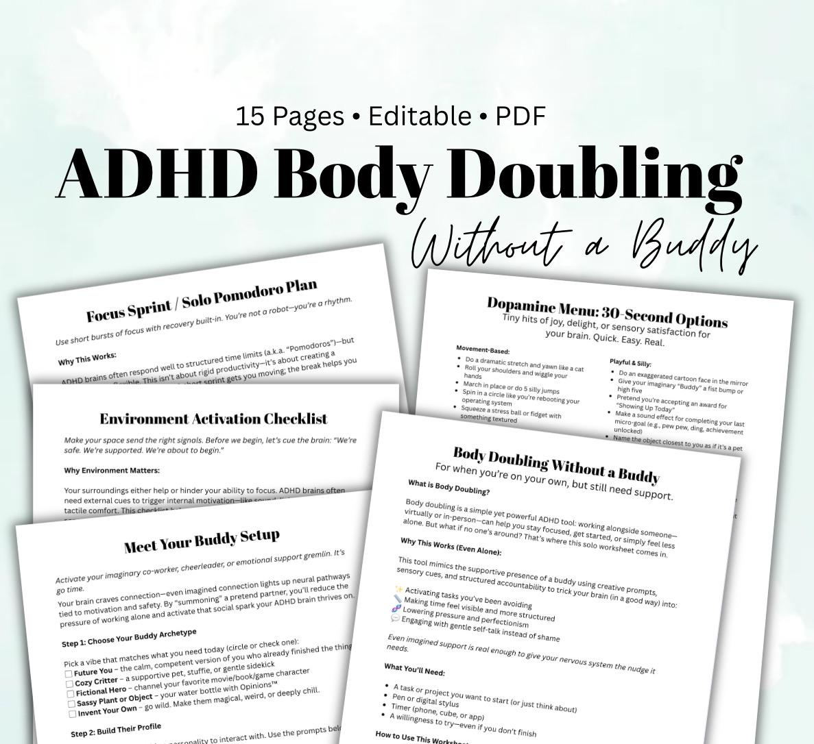 ADHD Focus Worksheet Printable Body Doubling Executive Dysfunction Behavior Habits Support Task Planner