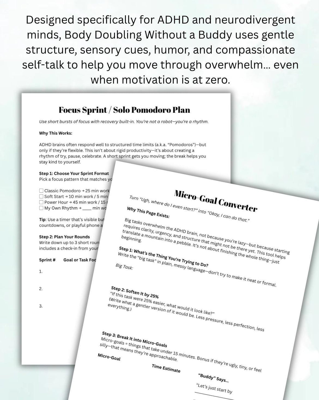 ADHD Focus Worksheet Printable Body Doubling Executive Dysfunction Behavior Habits Support Task Planner