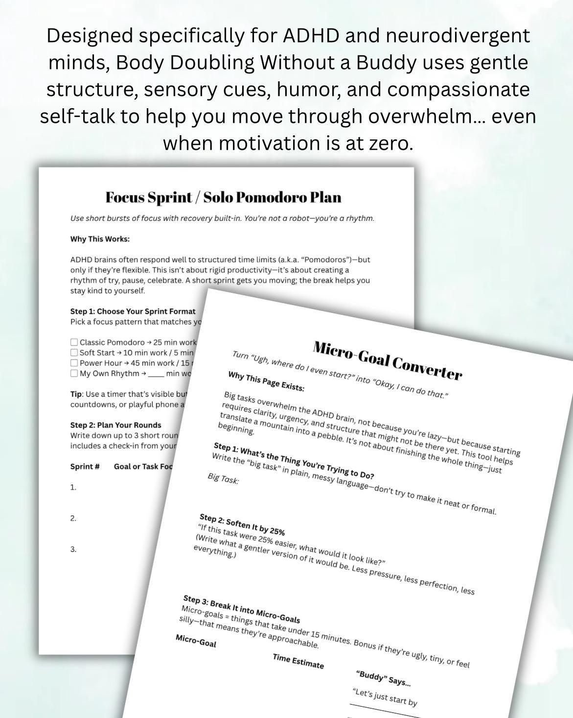 ADHD Focus Worksheet Printable Body Doubling Executive Dysfunction Behavior Habits Support Task Planner