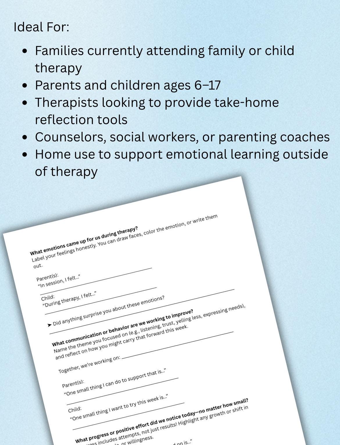 Family Therapy Reflection Worksheet Parent-Child After Session Activity  Printable Counseling Tool Therapist Homework