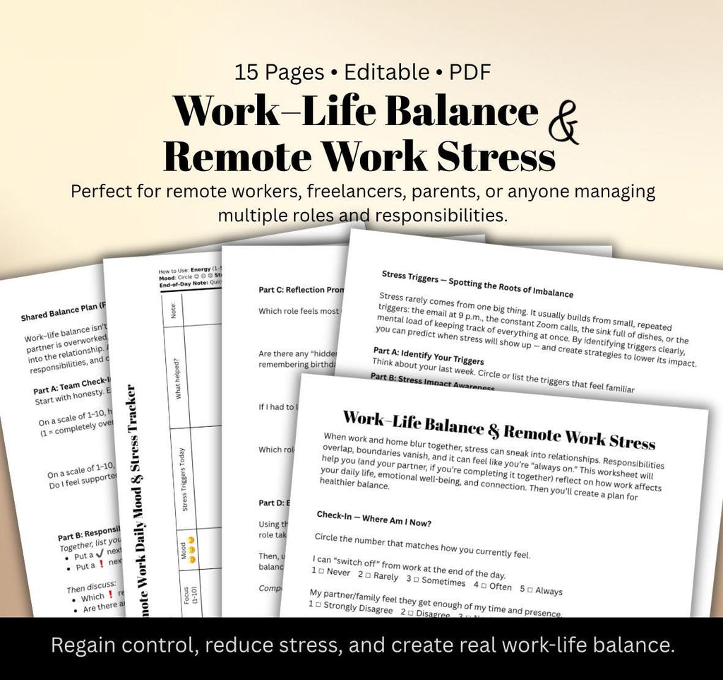 Work-Life Balance Toolkit: Stress Tracker Boundary Worksheets Working Remote Home Life