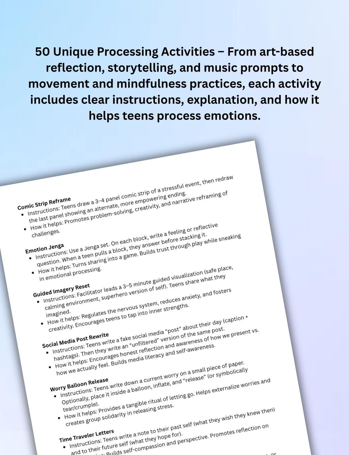 Teen Therapy Group Activities PDF 50 SEL Exercises, Social-Emotional Learning Worksheets & Processing Activities Printable