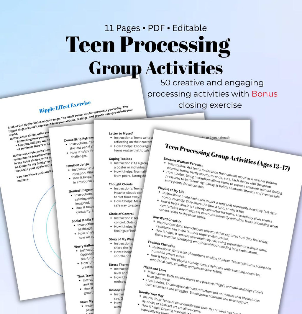 Teen Therapy Group Activities PDF 50 SEL Exercises, Social-Emotional Learning Worksheets & Processing Activities Printable