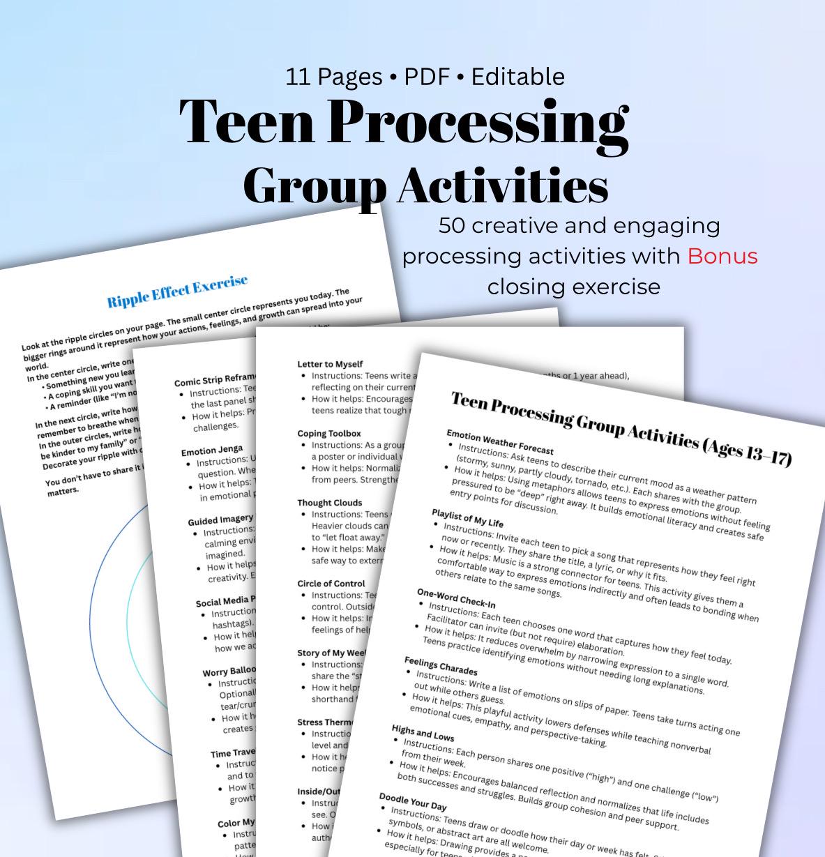 Teen Therapy Group Activities PDF 50 SEL Exercises, Social-Emotional Learning Worksheets & Processing Activities Printable