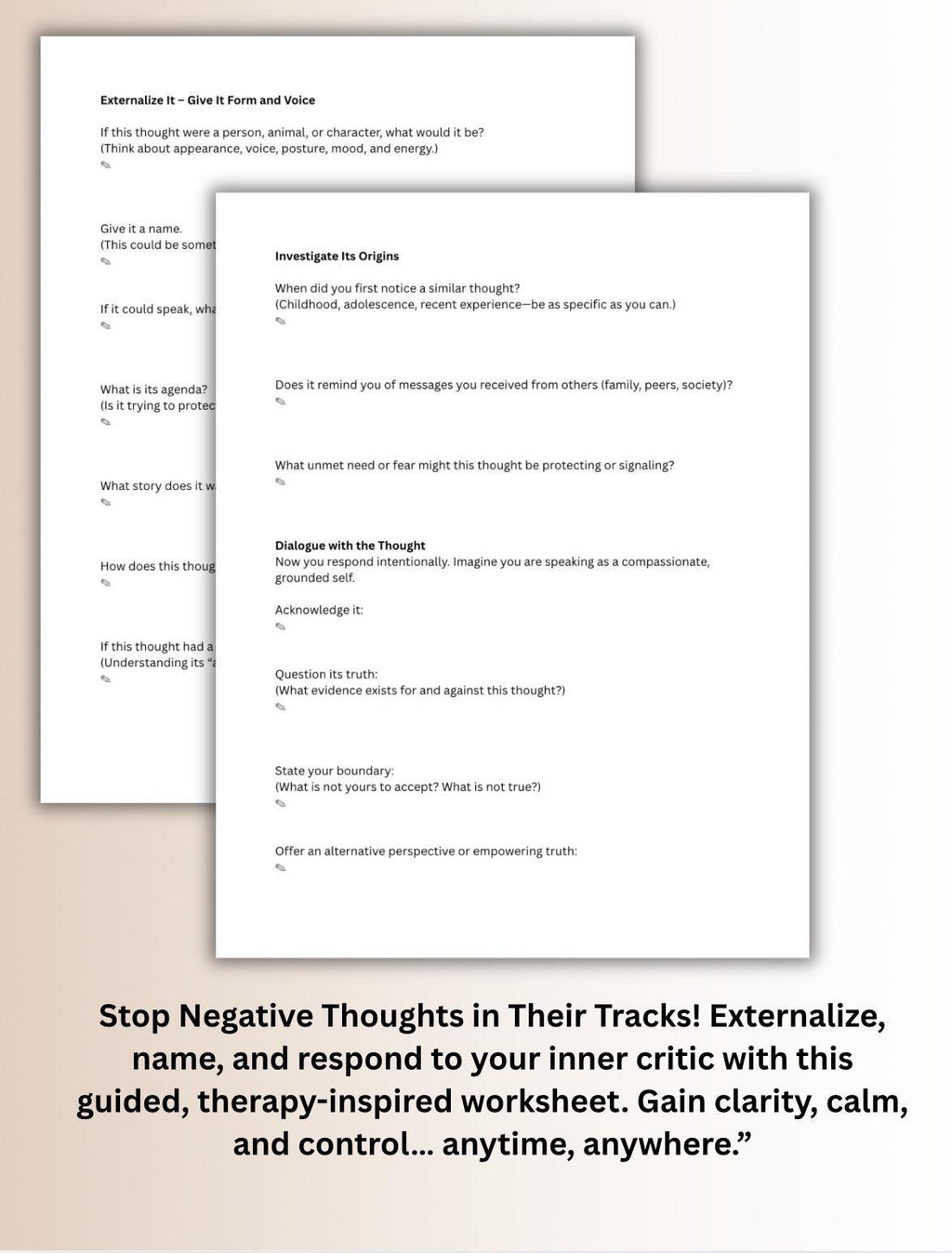 Negative Thoughts Worksheet: CBT DBT ACT Therapy Tool (pdf)