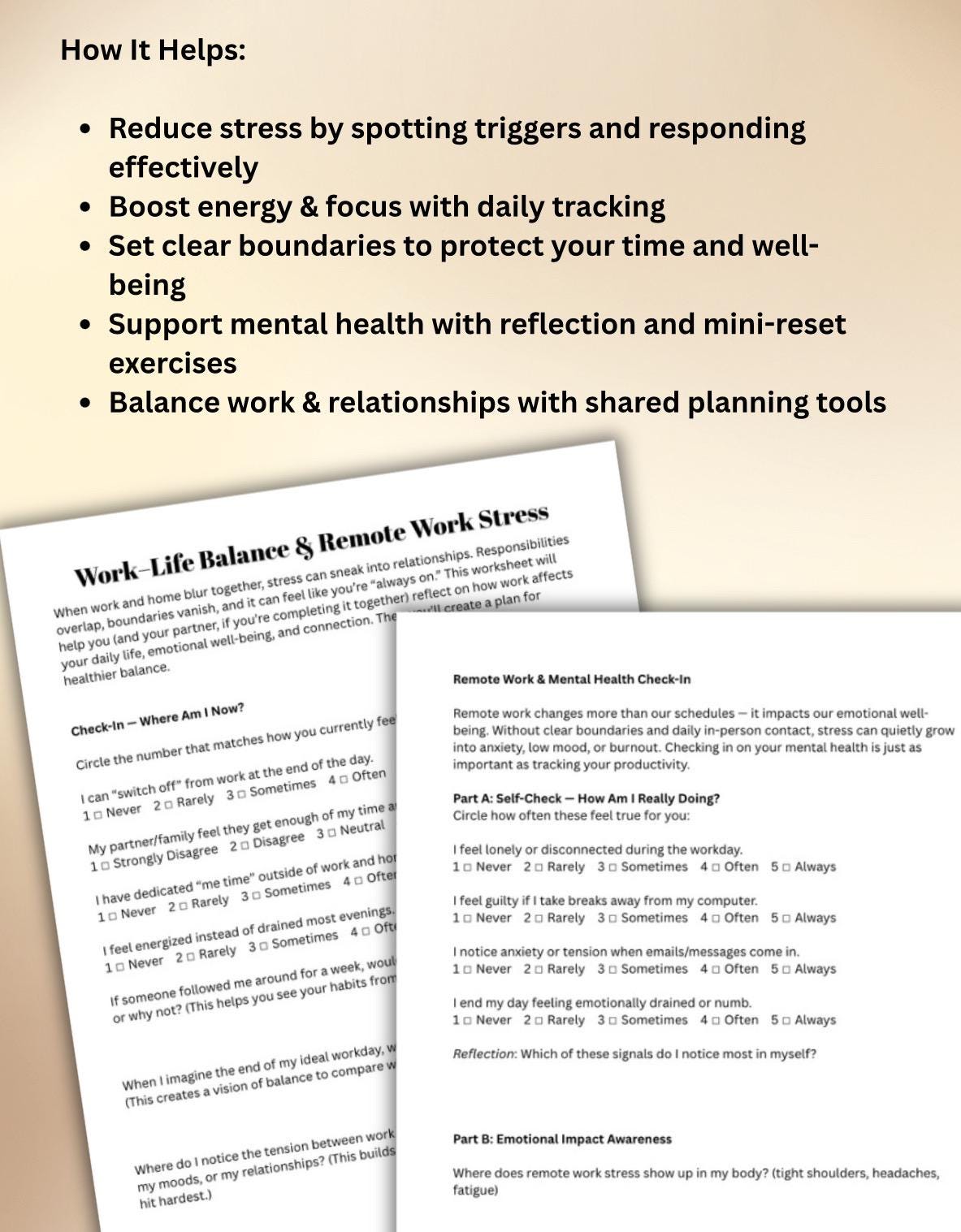 Work-Life Balance Toolkit: Stress Tracker Boundary Worksheets Working Remote Home Life