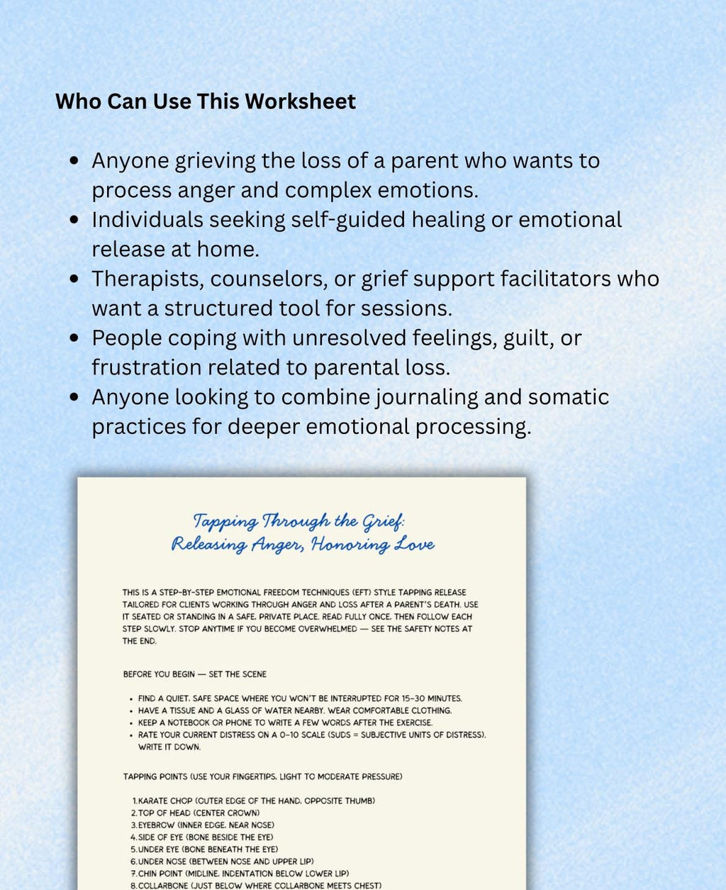 Anger After Loss Worksheet, Grief Journal, Somatic Tapping losing a Parent Mourning Process Tool Grief Recovery