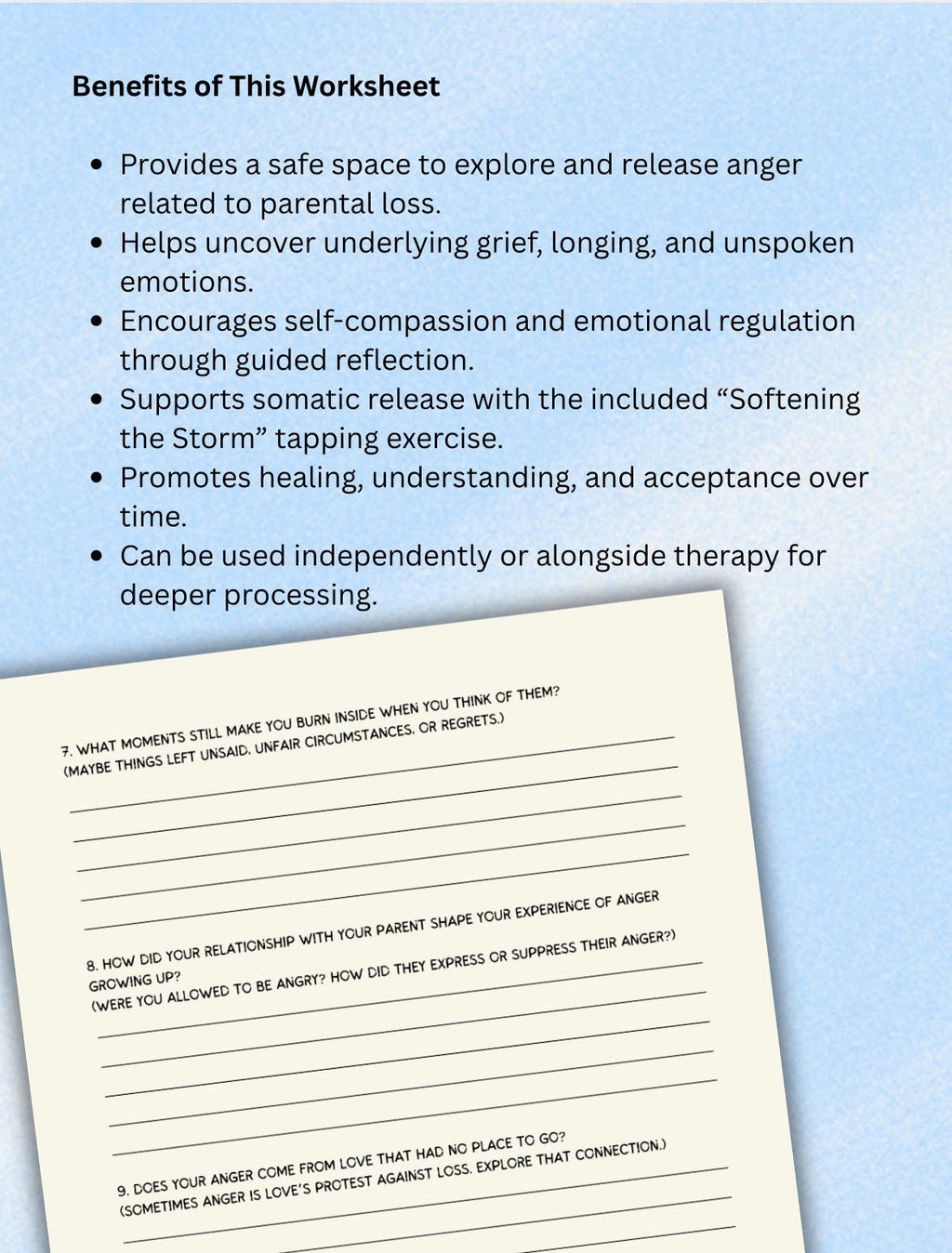 Anger After Loss Worksheet, Grief Journal, Somatic Tapping losing a Parent Mourning Process Tool Grief Recovery