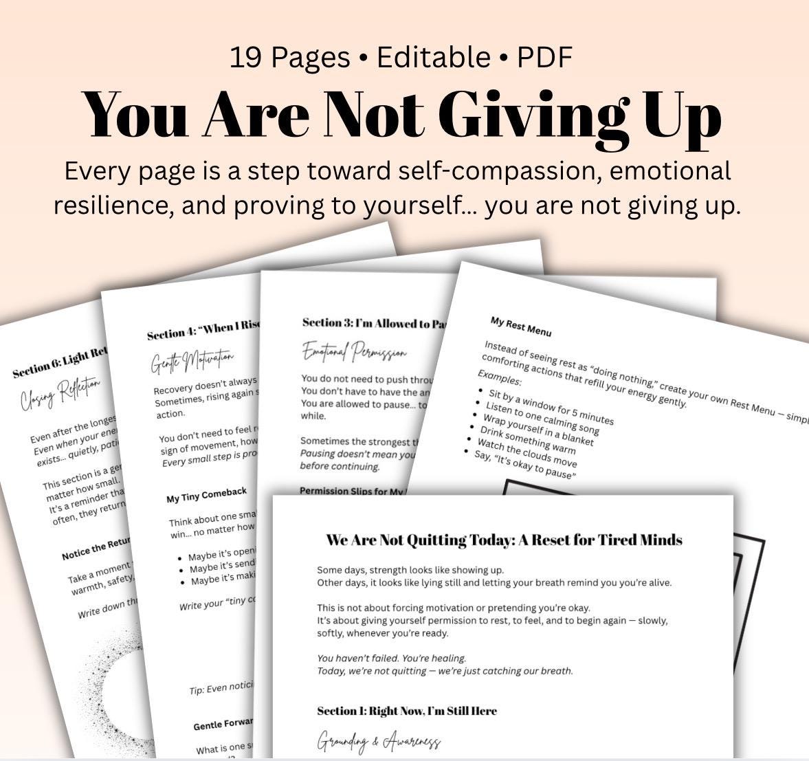 You Are Not Giving Up Mental Health Worksheet for Burnout, Depression Support Gentle Motivation Therapy Printable PDF