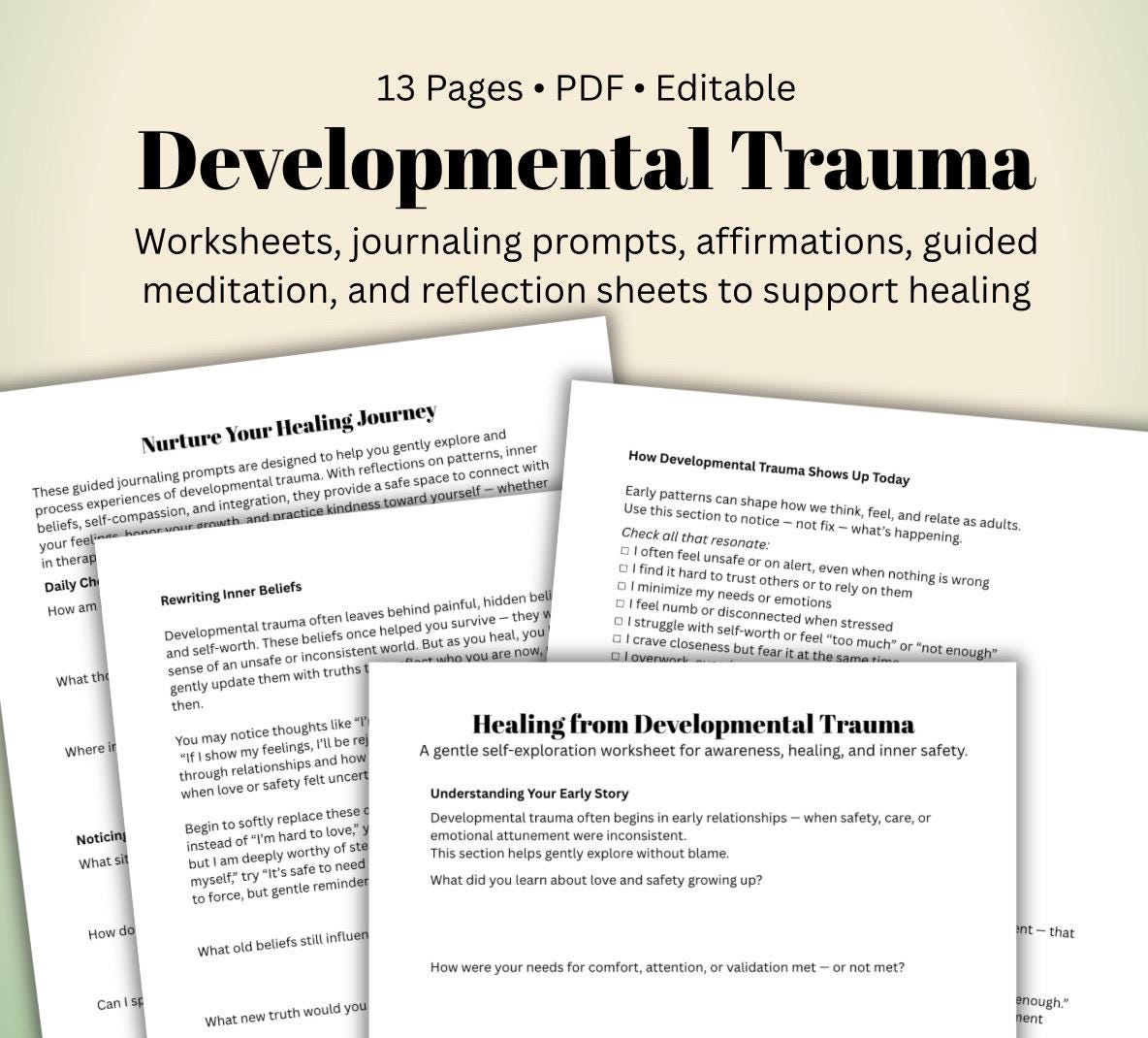 Toolkit for Healing Developmental Trauma Worksheets, Journaling, Affirmations & Guided Meditation for Self-Compassion and Growth