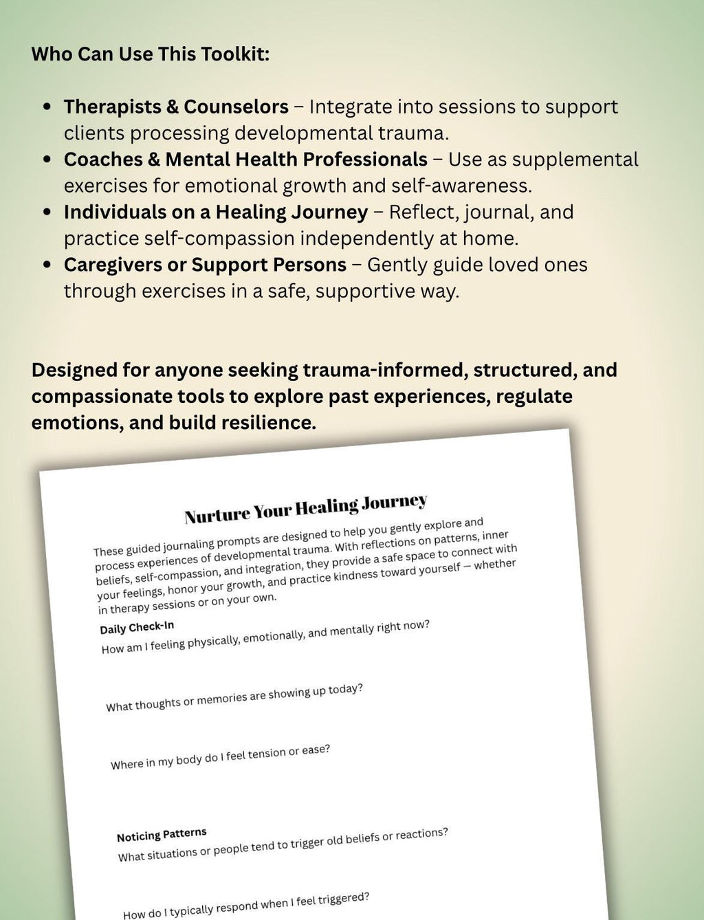 Toolkit for Healing Developmental Trauma Worksheets, Journaling, Affirmations & Guided Meditation for Self-Compassion and Growth