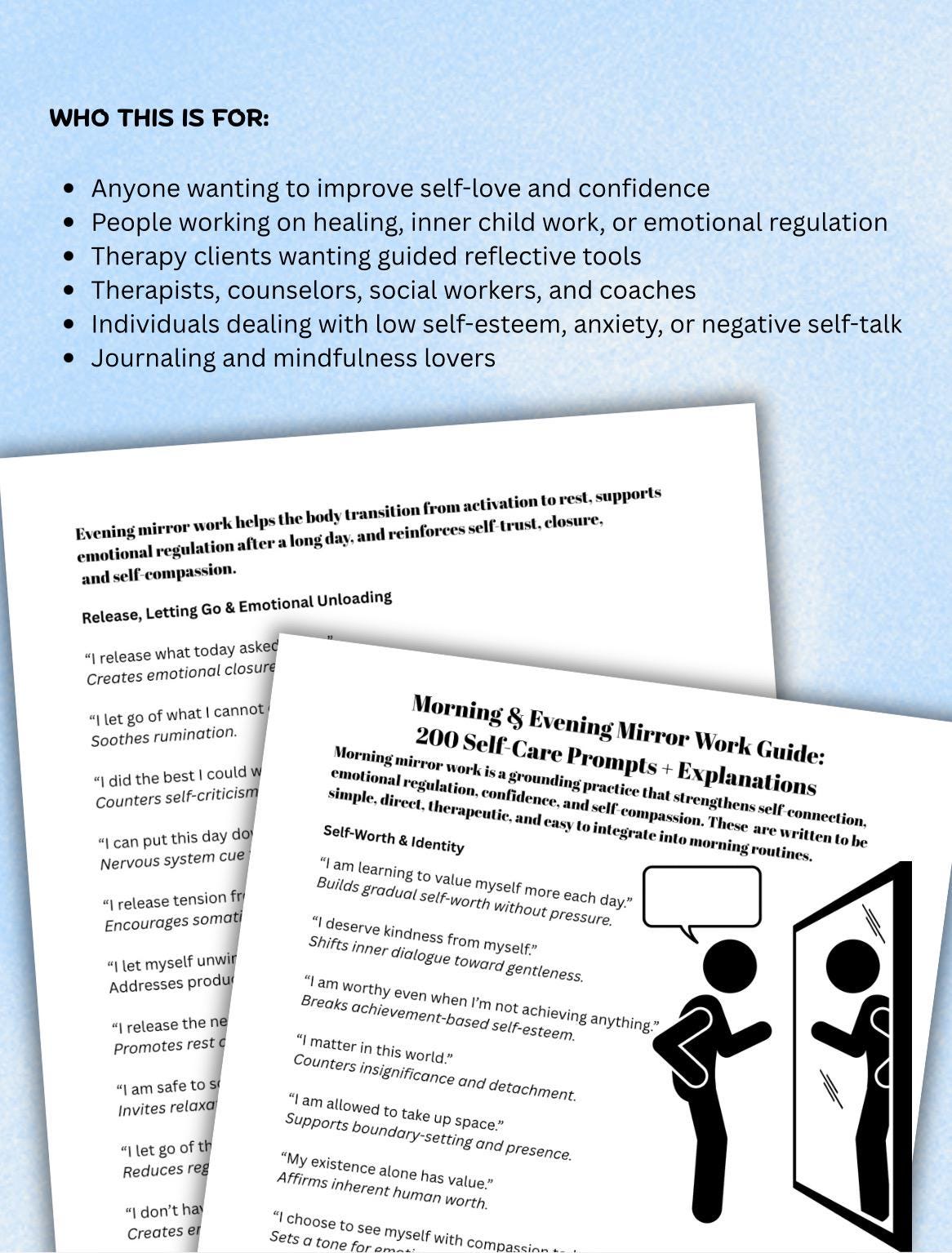 Mirror Work Bundle Digital Self-Care  Therapist Pack Affirmations, Self-Healing, Emotional Regulation, Printable Worksheet