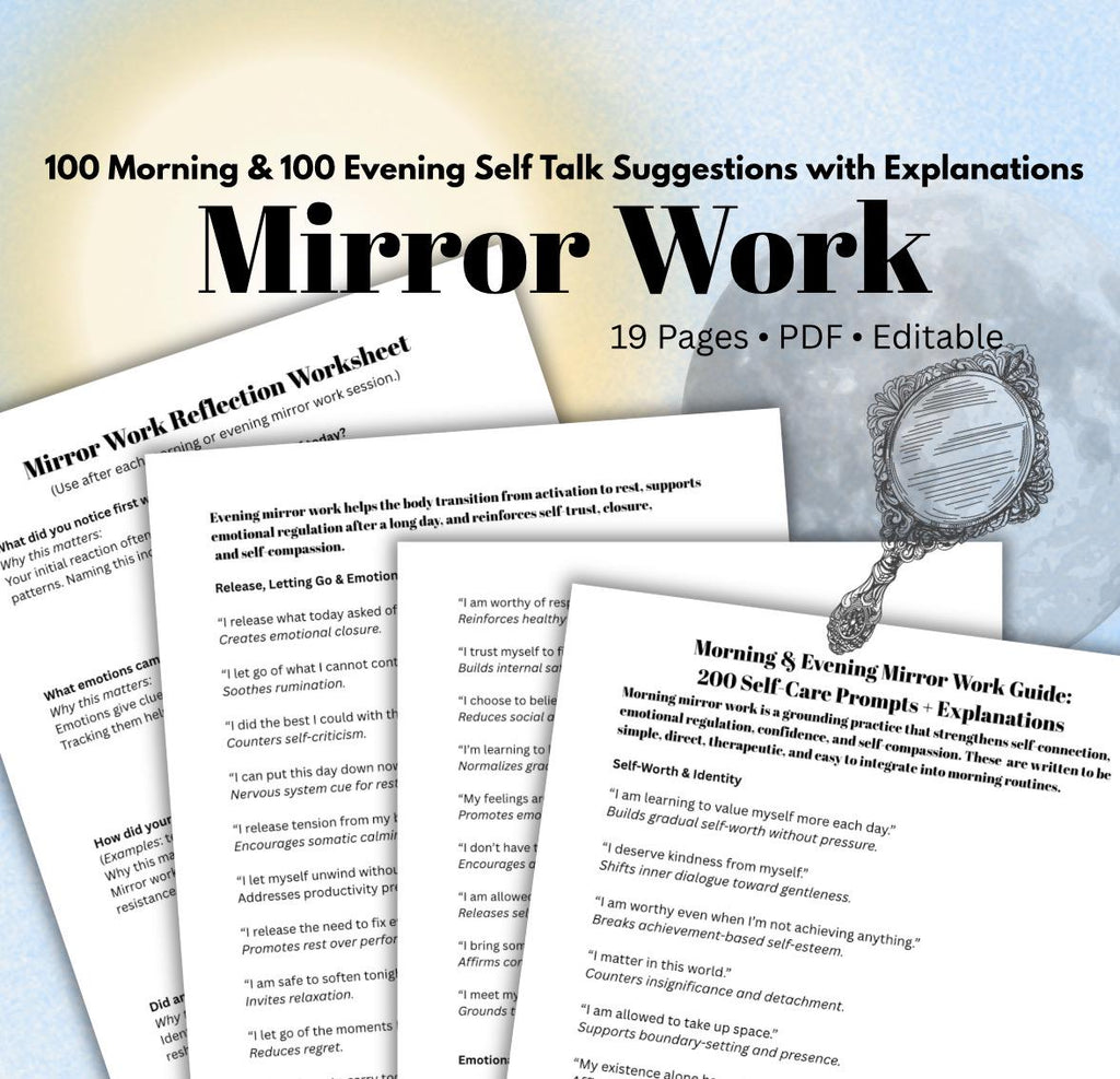 Mirror Work Bundle Digital Self-Care  Therapist Pack Affirmations, Self-Healing, Emotional Regulation, Printable Worksheet