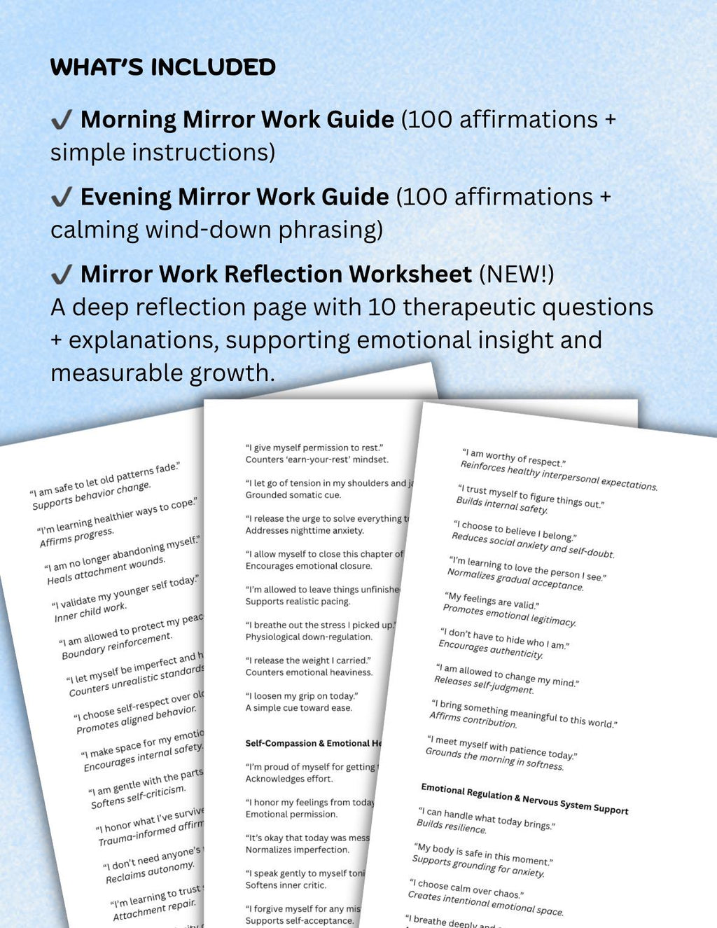Mirror Work Bundle Digital Self-Care  Therapist Pack Affirmations, Self-Healing, Emotional Regulation, Printable Worksheet