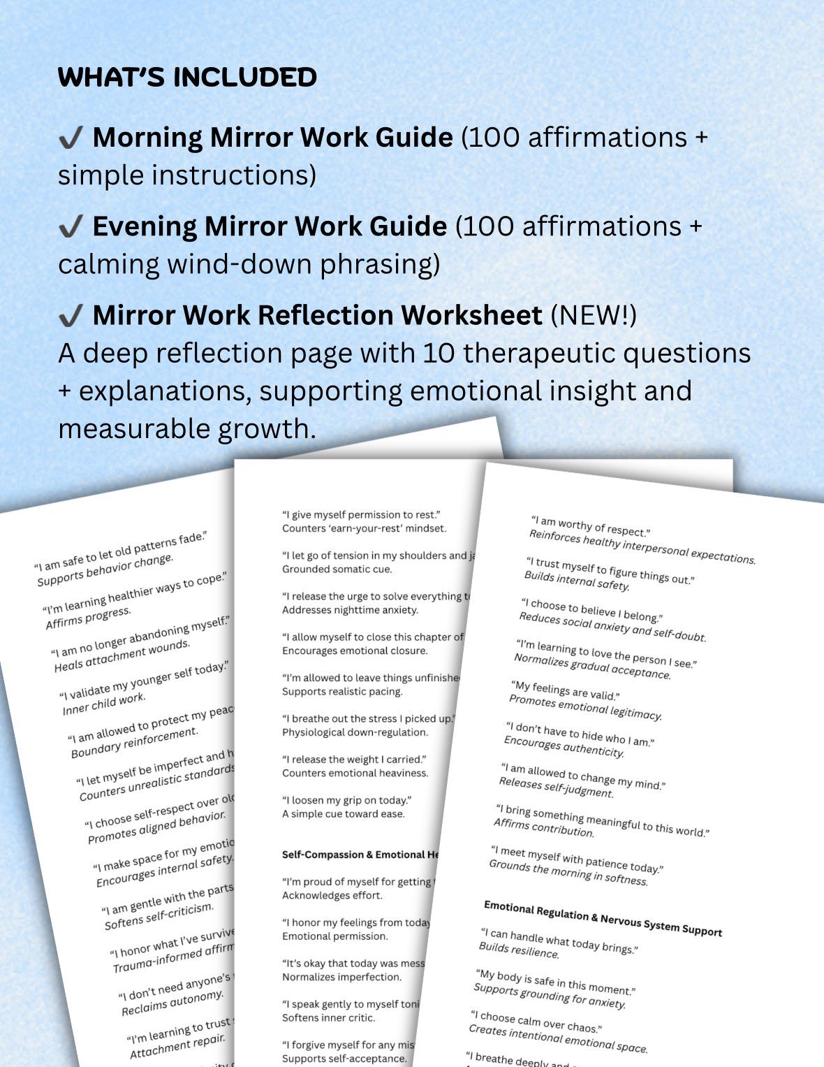 Mirror Work Bundle Digital Self-Care  Therapist Pack Affirmations, Self-Healing, Emotional Regulation, Printable Worksheet