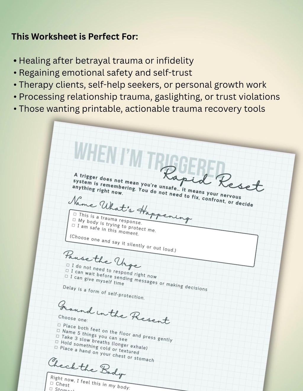 Betrayal Trauma Healing Worksheet: Trust Recovery, Nervous System Regulation (PDF)