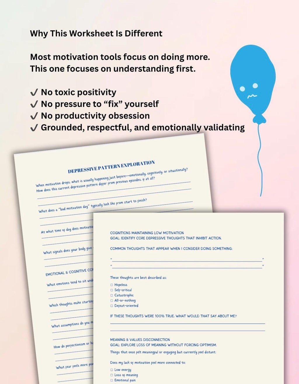 Depression & Low Motivation Worksheet Therapist Resource Self-Help Behavioral Activation Mental Health Tool Clinical Reflection