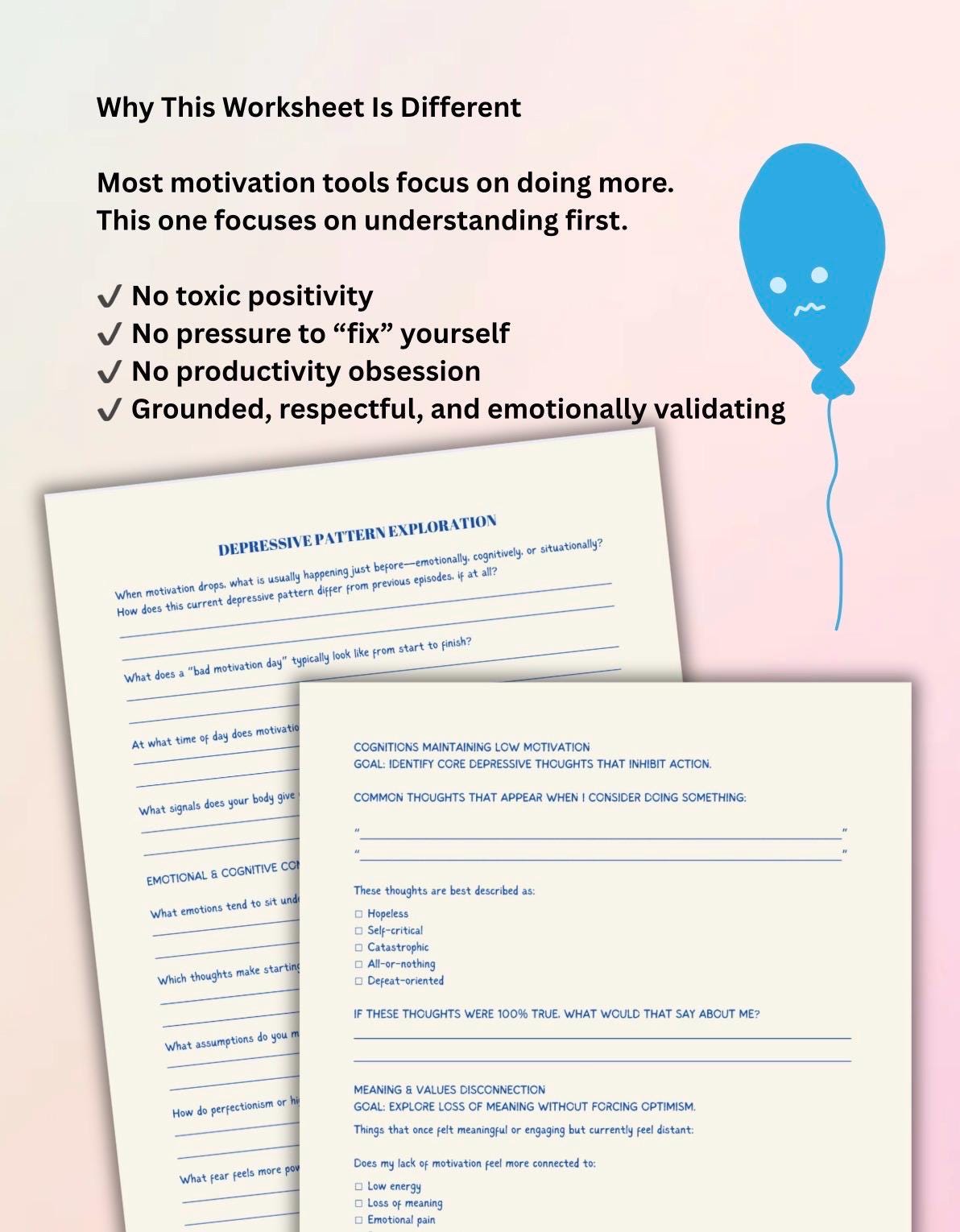 Depression & Low Motivation Worksheet Therapist Resource Self-Help Behavioral Activation Mental Health Tool Clinical Reflection