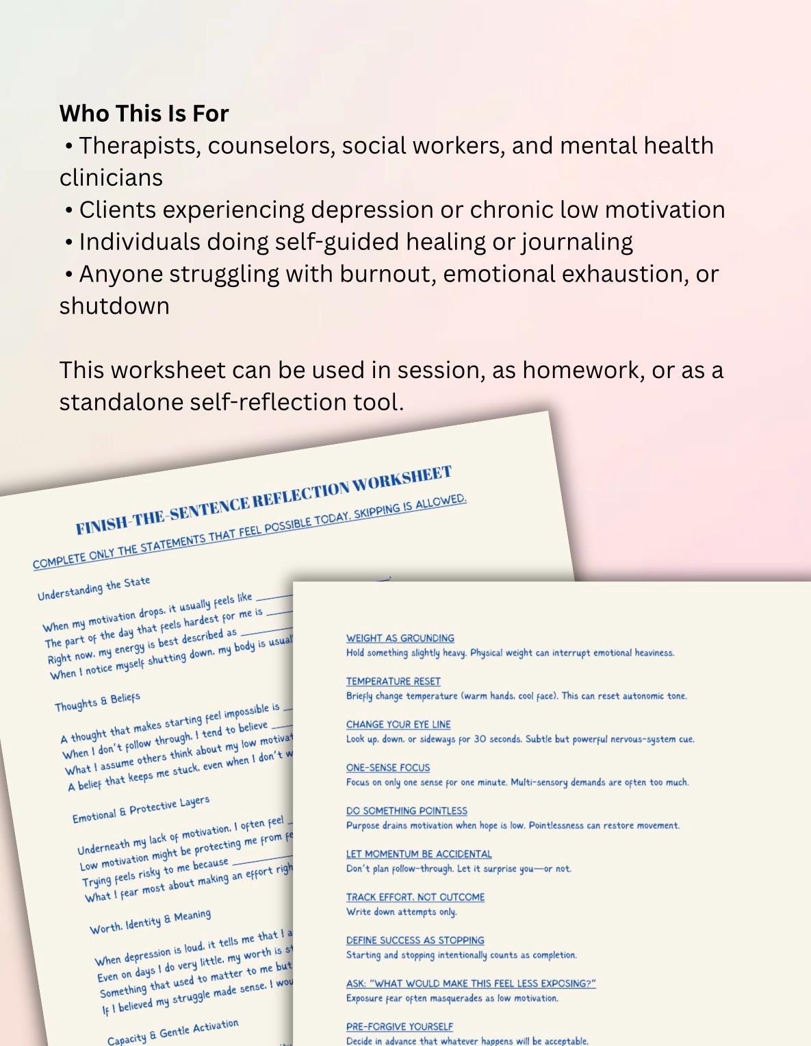 Depression & Low Motivation Worksheet Therapist Resource Self-Help Behavioral Activation Mental Health Tool Clinical Reflection