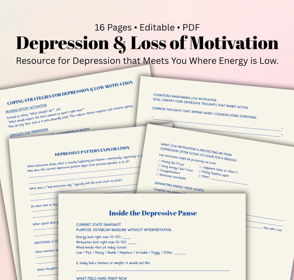 Depression & Low Motivation Worksheet Therapist Resource Self-Help Behavioral Activation Mental Health Tool Clinical Reflection