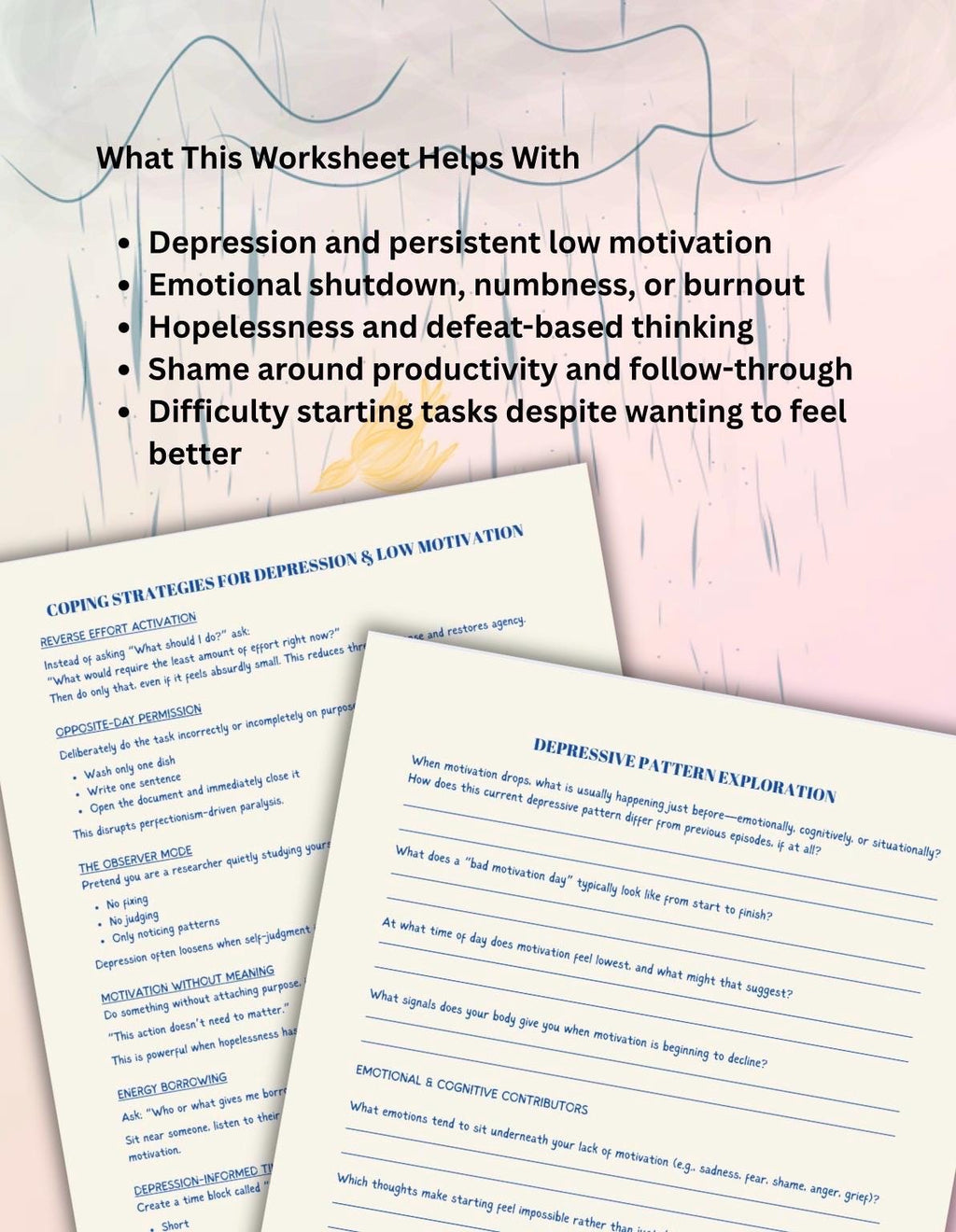 Depression & Low Motivation Worksheet Therapist Resource Self-Help Behavioral Activation Mental Health Tool Clinical Reflection