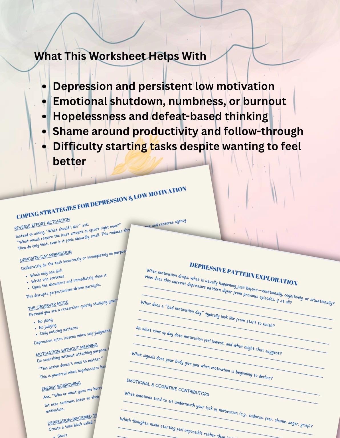 Depression & Low Motivation Worksheet Therapist Resource Self-Help Behavioral Activation Mental Health Tool Clinical Reflection