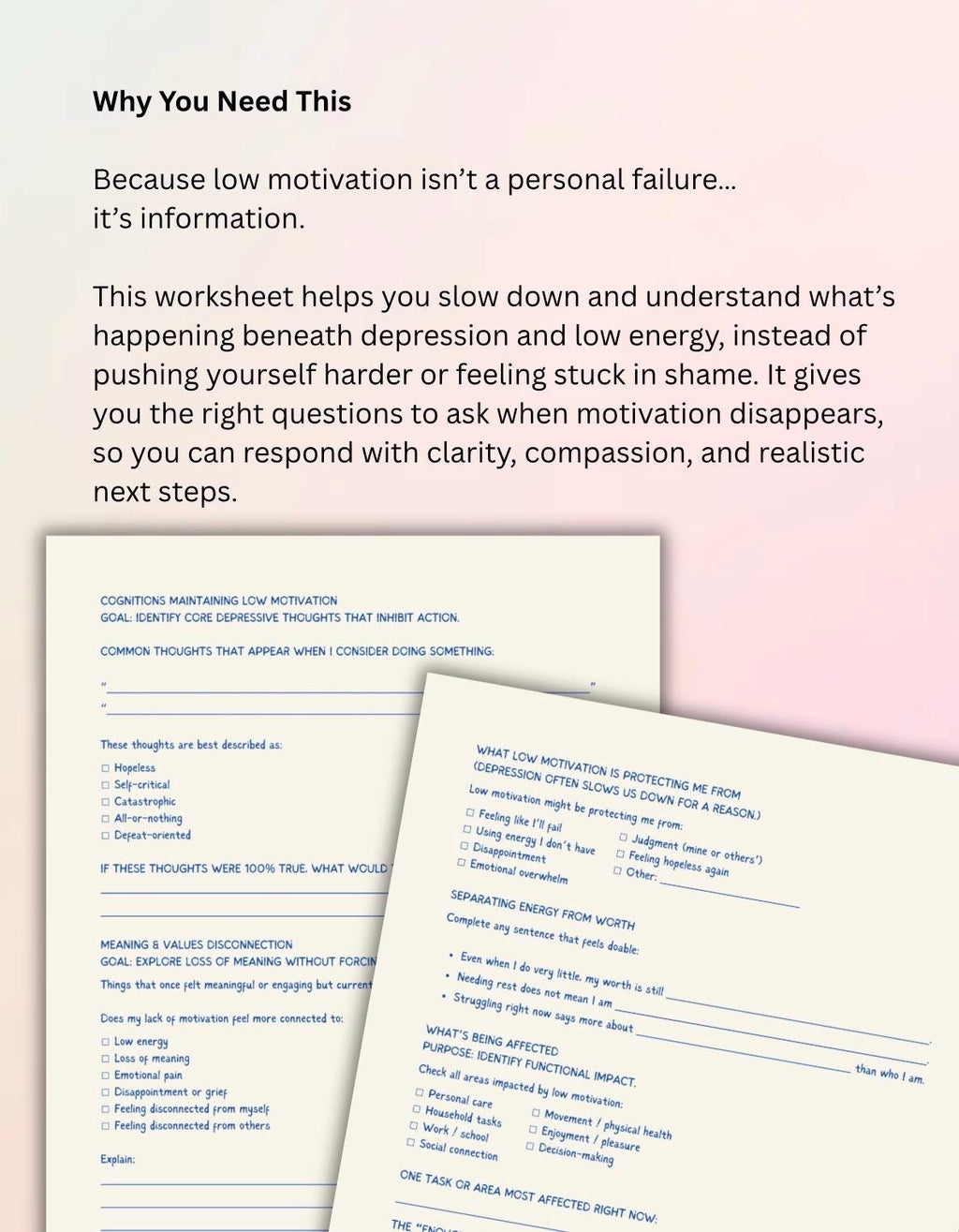 Depression & Low Motivation Worksheet Therapist Resource Self-Help Behavioral Activation Mental Health Tool Clinical Reflection