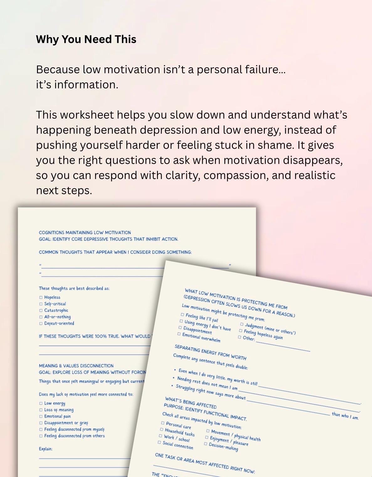 Depression & Low Motivation Worksheet Therapist Resource Self-Help Behavioral Activation Mental Health Tool Clinical Reflection