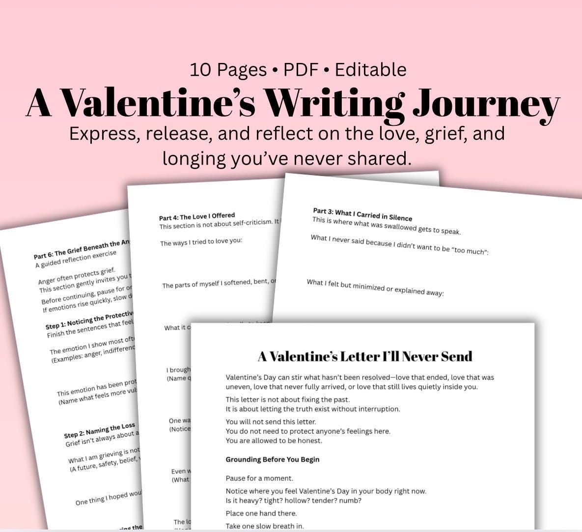 Valentine's Day Therapeutic Writing Worksheet, Heartbreak & Grief PDF Download, Editable 10 Pages