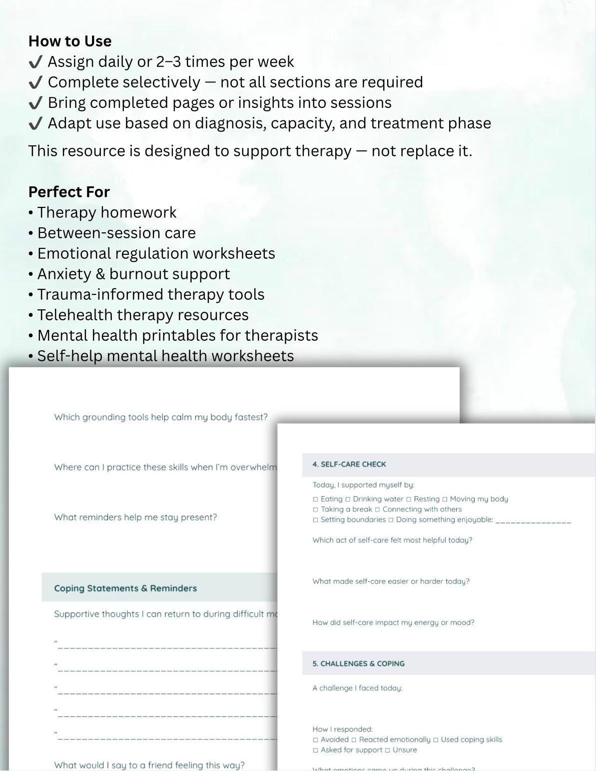 Therapy Toolkit, Between Sessions Worksheets, Coping Skills, Crisis Plan (PDF Printable Bundle)