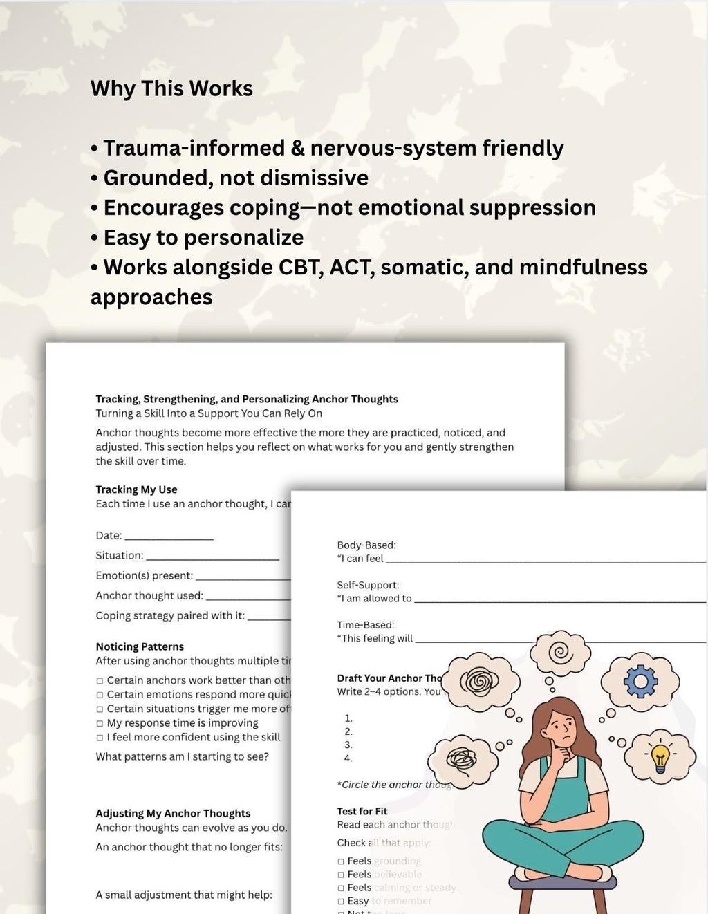 Anchor Thoughts Worksheet: Anxiety, Grounding, Trauma-Informed (PDF Printable, Editable 15-Page Toolkit)