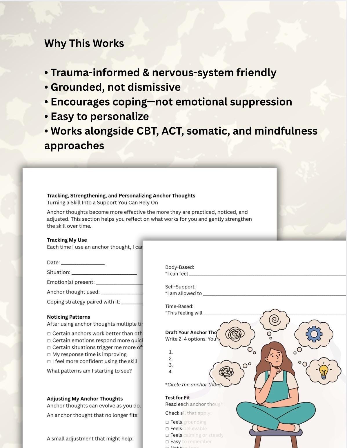 Anchor Thoughts Worksheet: Anxiety, Grounding, Trauma-Informed (PDF Printable, Editable 15-Page Toolkit)