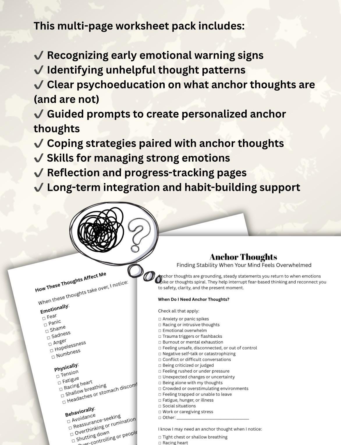 Anchor Thoughts Worksheet: Anxiety, Grounding, Trauma-Informed (PDF Printable, Editable 15-Page Toolkit)