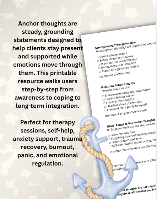 Anchor Thoughts Worksheet: Anxiety, Grounding, Trauma-Informed (PDF Printable, Editable 15-Page Toolkit)