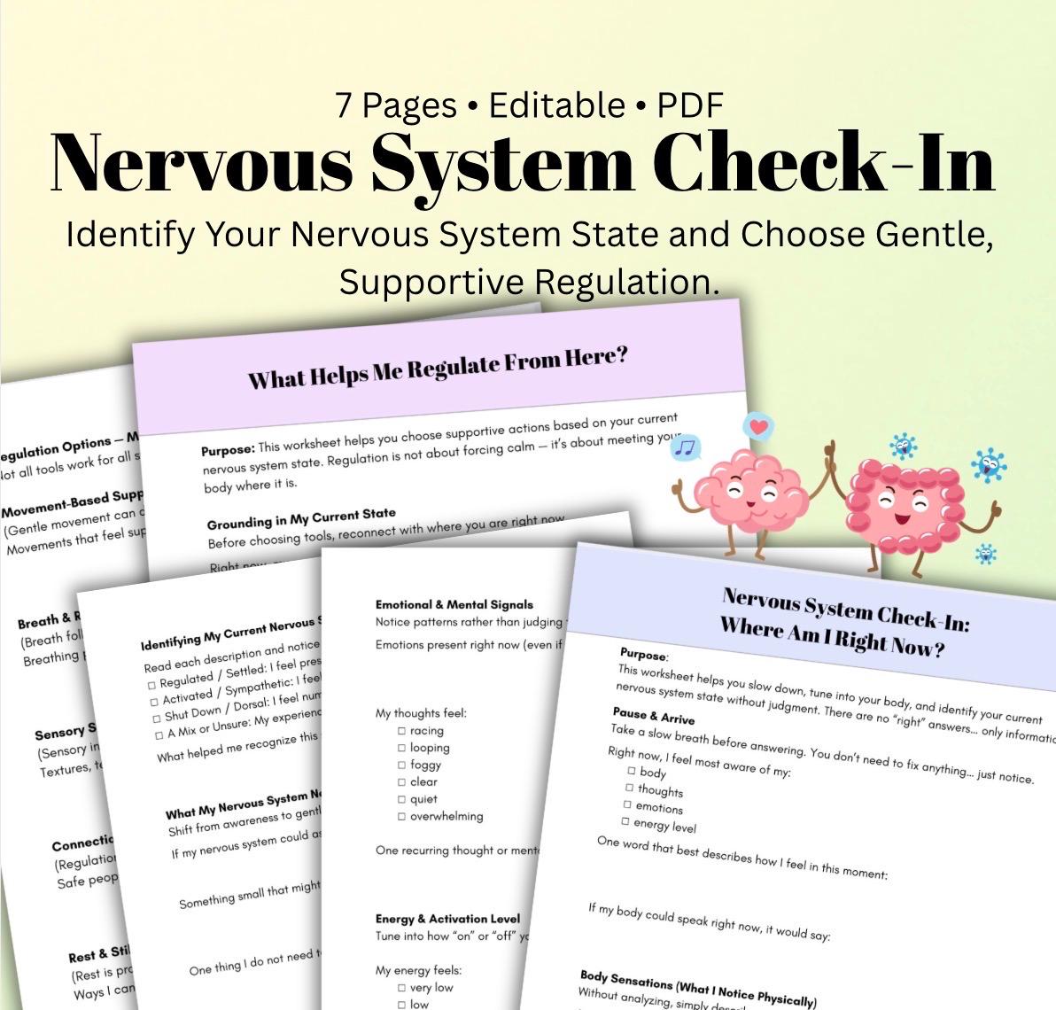 Nervous System Check-In Worksheets, Emotional Regulation Tools (PDF Printables, Editable, 7 Pages)
