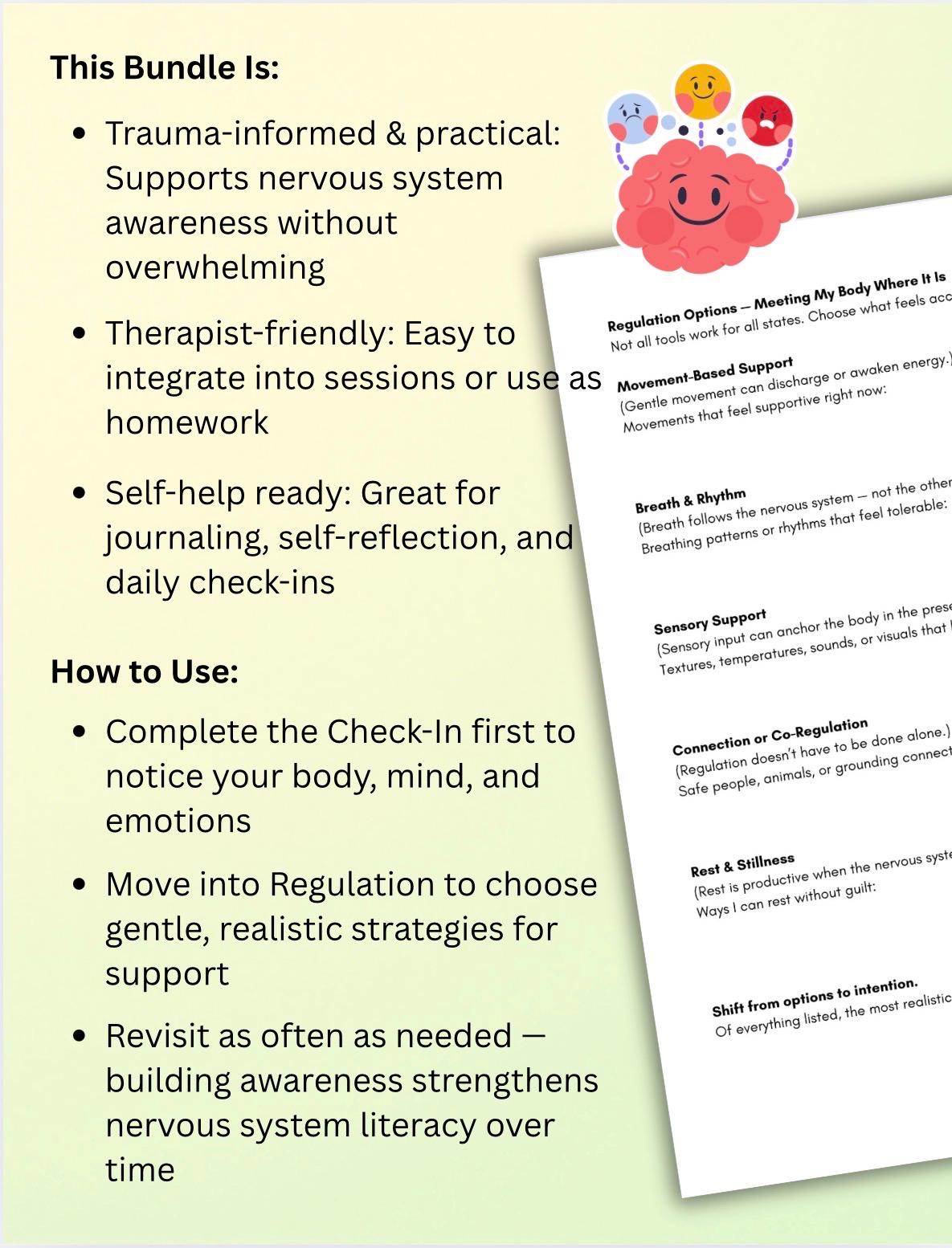 Nervous System Check-In Worksheets, Emotional Regulation Tools (PDF Printables, Editable, 7 Pages)