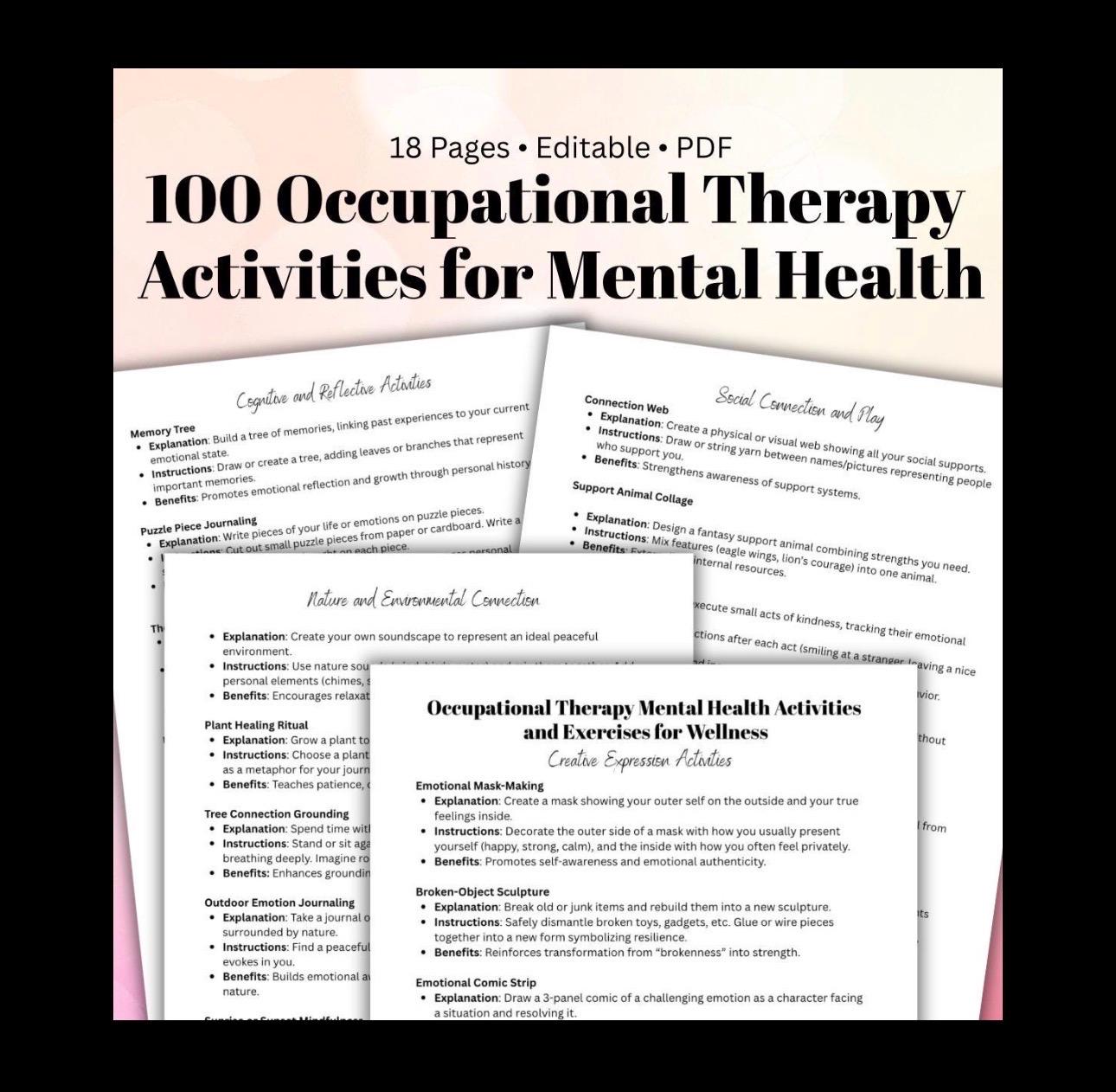 Occupational Therapy Wellness Toolkit 100 Activities for Mental Health Printable PDF Therapist Resource