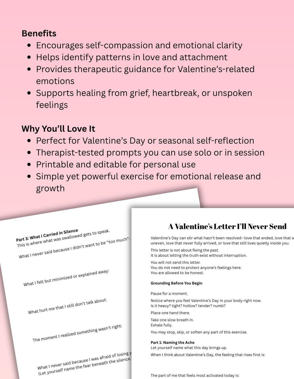 Valentine's Day Therapeutic Writing Worksheet, Heartbreak & Grief PDF Download, Editable 10 Pages