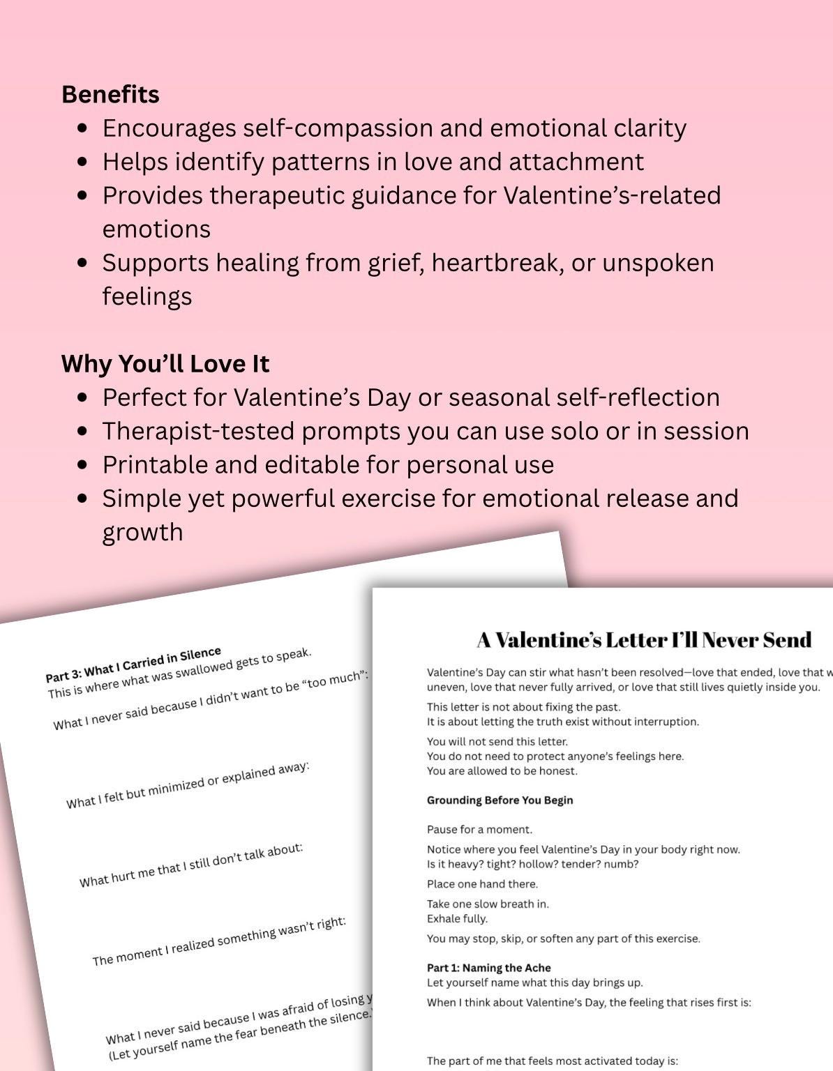 Valentine's Day Therapeutic Writing Worksheet, Heartbreak & Grief PDF Download, Editable 10 Pages